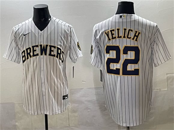 Milwaukee Brewers #22 Christian Yelich White Pinstripe 2025 With Patch Stitched Jersey