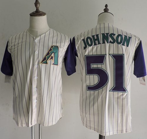 Mitchell And Ness Diamondbacks #51 Randy Johnson Cream Strip Throwback Stitched Jersey