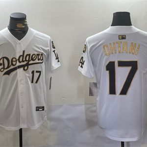 Los Angeles Dodgers #17 Shohei Ohtani White Gold 2024 World Series With Fernando Memorial Patch Home Limited Stitched Jersey