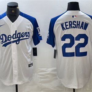 Los Angeles Dodgers #22 Clayton Kershaw White Blue Vin Patch Cool Base Stitched Jersey