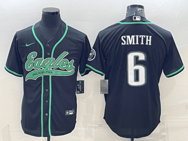 Philadelphia Eagles #6 DeVonta Smith Black With Patch Cool Base Stitched Baseball Jersey