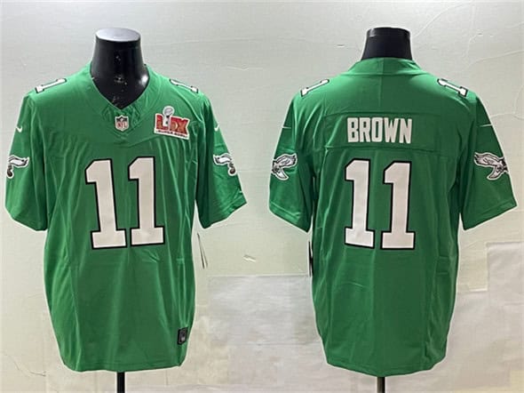 Philadelphia Eagles #11 A.J. Brown Green 2025 Super Bowl LIX Patch F.U.S.E. Throwback Vapor Untouchable Limited Stitched Jersey