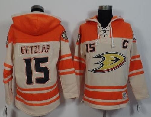 Ducks #15 Ryan Getzlaf Cream Orange Sawyer Hooded Sweatshirt Stitched Jersey