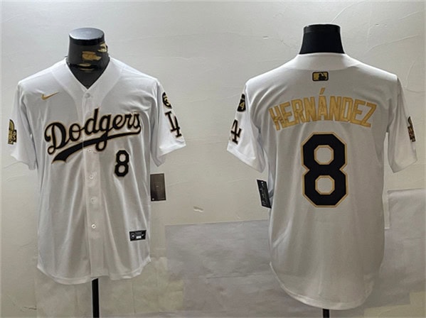 Los Angeles Dodgers #8 Enrique Hernandez White Gold 2024 World Series With Fernando Memorial Patch Home Limited Stitched Jersey