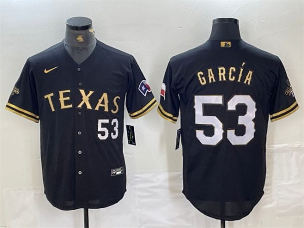 Texas Rangers #53 Adolis Garc¨ªa Black Gold With Patch Cool Base Stitched Jersey