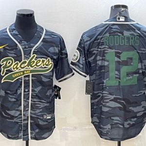 Green Bay Packers #12 Aaron Rodgers Gray Green Camo With Patch Cool Base Stitched Baseball Jersey