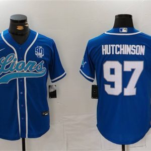 Detroit Lions #97 Aidan Hutchinson Blue With 90th Anniversary Patch Cool Base Stitched Jersey