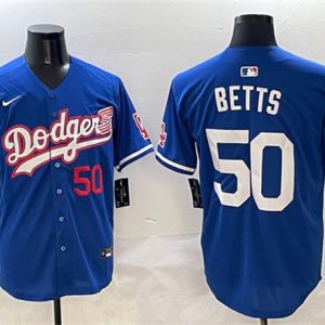 Los Angeles Dodgers #50 Mookie Betts Royal With American Flag Patch Limited Stitched Jersey