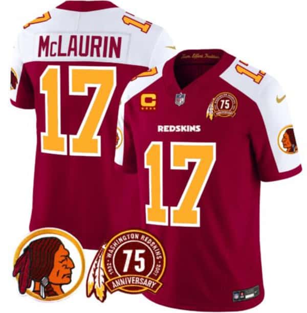 Washington Redskins #17 Terry McLaurin Burgundy White 2024 F.U.S.E. 75th Patch And 4-Star C Patch Throwback Vapor Limited Stitched Jersey
