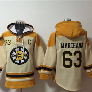 Boston Bruins #63 Brad Marchand Cream Ageless Must-Have Lace-Up Pullover Hoodie