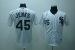 White Sox #45 Bobby Jenks Stitched White Black Strip Jersey