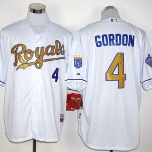 Royals #4 Alex Gordon White 2015 World Series Champions Gold Program Stitched Jersey