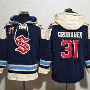 Seattle Kraken #31 Philipp Grubauer Deep Sea Blue Lace-Up Pullover Hoodie
