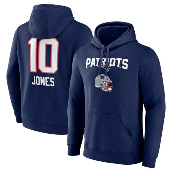 New England Patriots #10 Mac Jones Navy Team Wordmark Player Name Number Pullover Hoodie