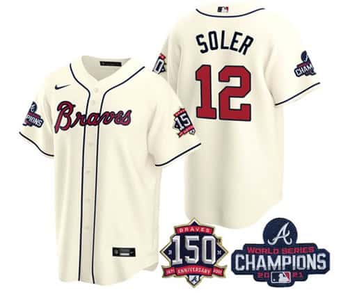 Atlanta Braves #12 Jorge Soler 2021 Cream World Series Champions With 150th Anniversary Patch Cool Base Stitched Jersey