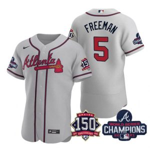 Atlanta Braves #5 Freddie Freeman 2021 Gray World Series Champions With 150th Anniversary Flex Base Stitched Jersey