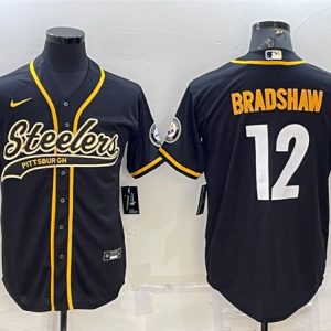 Pittsburgh Steelers #12 Terry Bradshaw Black With Patch Cool Base Stitched Baseball Baseball Jersey