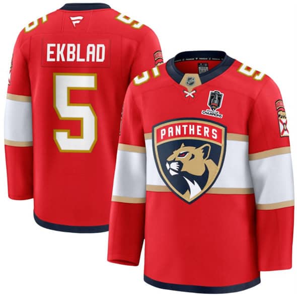Florida Panthers #5 Aaron Ekblad Red Home 2025 Stanley Cup Champions Patch Stitched Jersey
