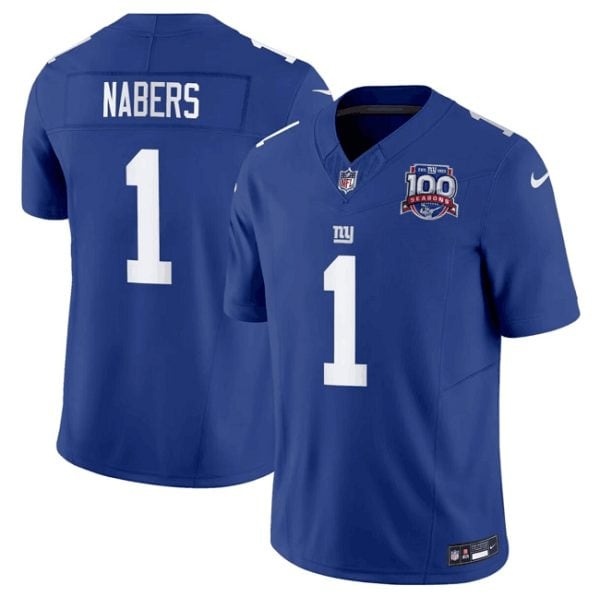 New York Giants #1 Malik Nabers Blue 2024 Draft F.U.S.E. 100TH Season Patch Vapor Untouchable Stitched Jersey
