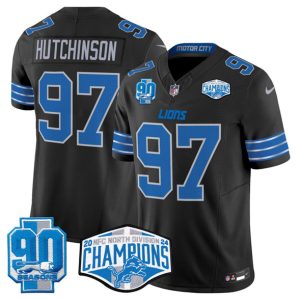 Detroit Lions #97 Aidan Hutchinson Black 2024 NFC North Champions 90th Anniversary Patch F.U.S.E. Vapor Limited Stitched Jersey