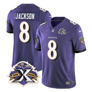 Baltimore Ravens #8 Lamar Jackson Purple 2023 F.U.S.E With Patch Throwback Vapor Limited Stitched Jersey