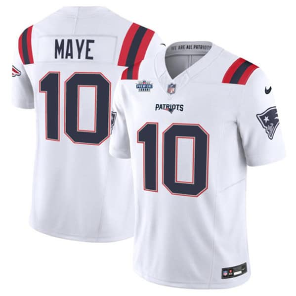 New England Patriots #10 Drake Maye White 2024 With Draft Patch F.U.S.E Vapor Limited Stitched Jersey