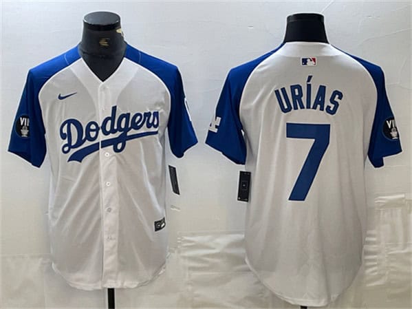 Los Angeles Dodgers #7 Julio Ur¨ªas White Blue Vin Patch Cool Base Stitched Jersey