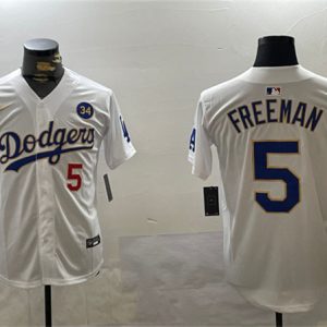 Los Angeles Dodgers #5 Freddie Freeman White Gold 2024 World Series With No. 34 Patch Home Limited Stitched Jersey