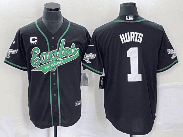 Philadelphia Eagles #1 Jalen Hurts Black With C Patch Cool Base Stitched Jersey