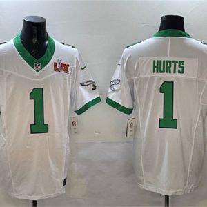 Philadelphia Eagles #1 Jalen Hurts White 2025 Super Bowl LIX Patch F.U.S.E. Vapor Untouchable Limited Stitched Jersey