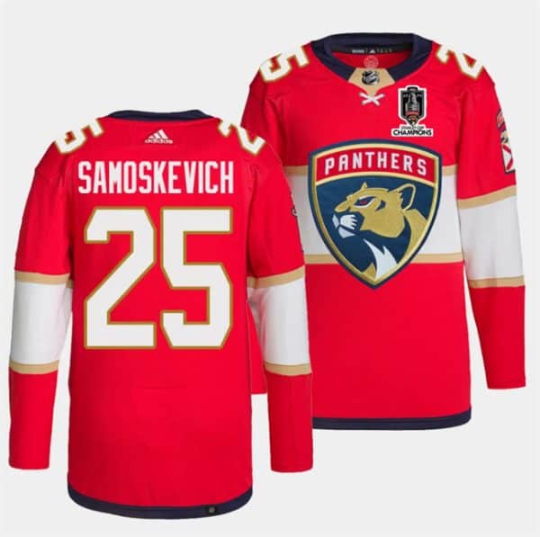 Florida Panthers #25 Mackie Samoskevich Red Home 2024 Stanley Cup Champions Stitched Jersey