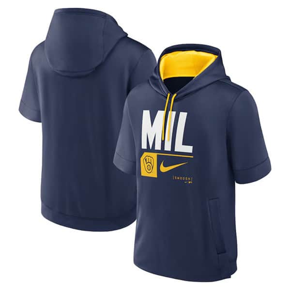 Milwaukee Brewers Navy Tri Code Lockup Short Sleeve Pullover Hoodie