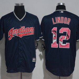 Cleveland Indians #12 Francisco Lindor Navy Blue Team Logo Print Cool Base Stitched Jersey