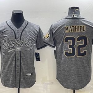 New Orleans Saints #32 Tyrann Mathieu Gray With Patch Cool Base Stitched Baseball Jersey