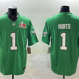 Philadelphia Eagles #1 Jalen Hurts Green 2025 Super Bowl LIX Patch F.U.S.E. Throwback Vapor Untouchable Limited Stitched Jersey