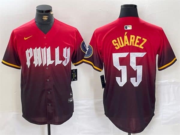 Philadelphia Phillies #55 Ranger Su¨¢rez Red 2024 City Connect Limited Stitched Jersey