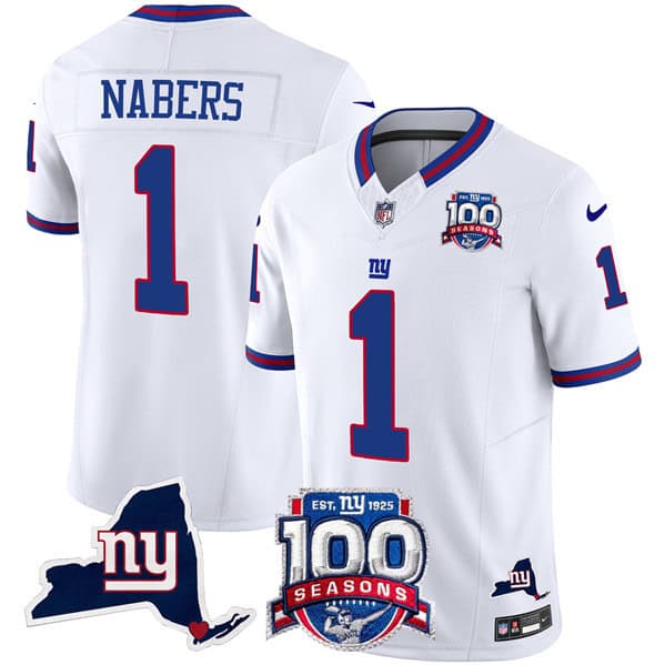 New York Giants #1 Malik Nabers White 2024 F.U.S.E. 100th Season And State Patch Vapor Limited Stitched Jersey