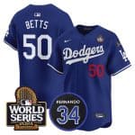 Los Angeles Dodgers #50 Mookie Betts Royal 2024 World Series With Fernando Memorial Patch Limited Stitched Jersey