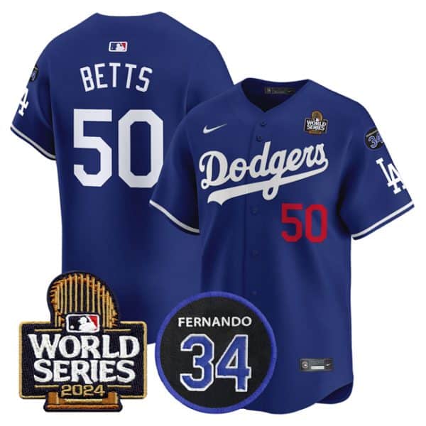Los Angeles Dodgers #50 Mookie Betts Royal 2024 World Series With Fernando Memorial Patch Limited Stitched Jersey