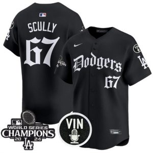 Los Angeles Dodgers #67 Vin Scully Black Mexico 2025 LA Gothic Style With Vin And 2024 World Series Champions Patch Vapor Premier Limited Stitched Jersey