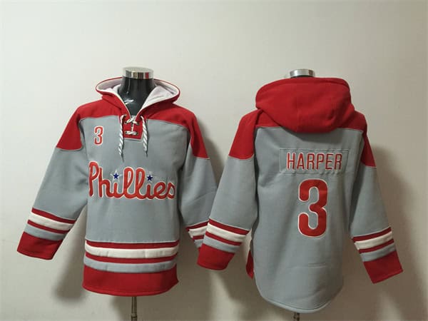 Philadelphia Phillies #3 Bryce Harper Grey Red Ageless Must-Have Lace-Up Pullover Hoodie