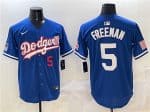 Los Angeles Dodgers #5 Freddie Freeman Royal With American Flag Patch Limited Stitched Jersey