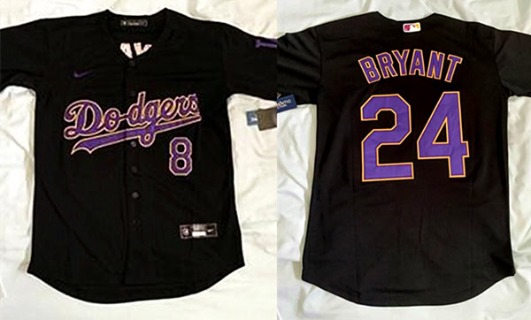 Los Angeles Dodgers Front #8 Back #24 Kobe Bryant Throwback Black Cool Base Stitched Jersey