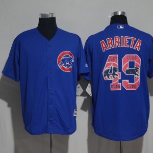 Chicago Cubs #49 Jake Arrieta Blue Team Logo Print Cool Base Stitched Jersey