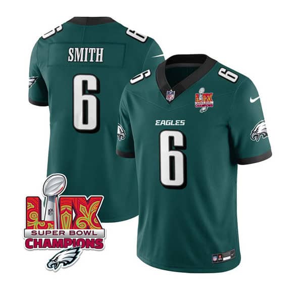 Philadelphia Eagles #6 DeVonta Smith Green 2025 Eagles Logo Super Bowl LIX Patch New F.U.S.E. Vapor Limited Stitched Jersey