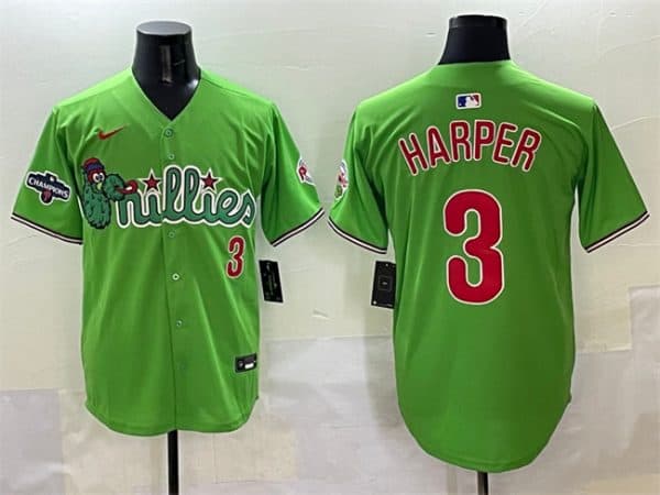 Philadelphia Phillies #3 Bryce Harper Light Green Phanatic With 2024 Division Champions Patch Limited Stitched Jersey