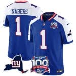 New York Giants #1 Malik Nabers Royal 2024 F.U.S.E. 100th Season And State Patch Vapor Limited Alternate Stitched Jersey