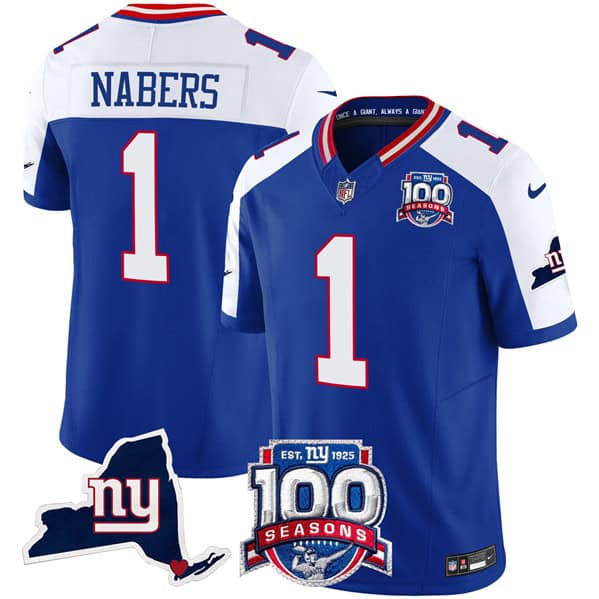 New York Giants #1 Malik Nabers Royal 2024 F.U.S.E. 100th Season And State Patch Vapor Limited Alternate Stitched Jersey