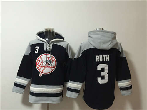 New York Yankees #3 Babe Ruth Black Grey Ageless Must-Have Lace-Up Pullover Hoodie