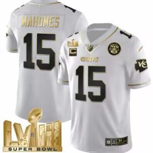 Kansas City Chiefs #15 Patrick Mahomes White With Gold Super Bowl LVIII Patch And 4-Star C Patch Vapor Untouchable Limited Stitched Jersey